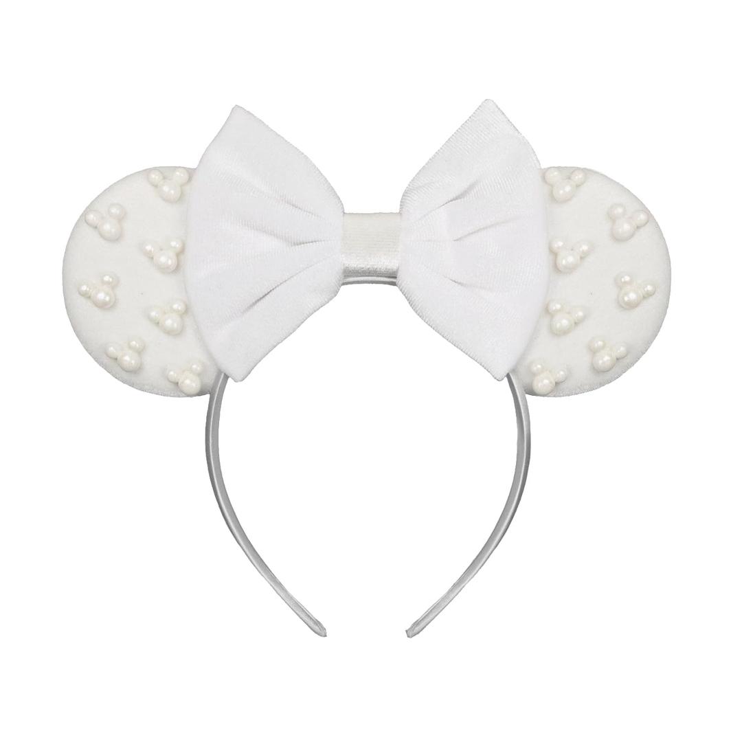 JIAHANG Velvet Mouse Ears Headband with Beads, White Hair Bow Hairband with Pearls, Party Decoration Headwear Hair Accessories for Women Girls