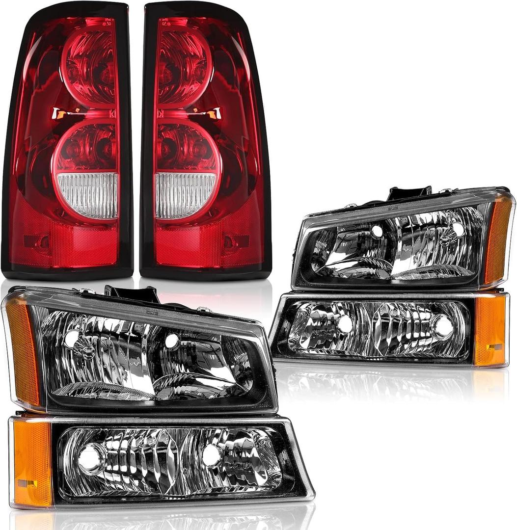 Headlights Tail Lights Assembly Combo Compatible with 2003-2006 Chevy Silverado 1500 2500 3500, 07 Silverado Classic Black Housing Amber Corner Headlamp+ Red Taillights Rear Brake Lamp