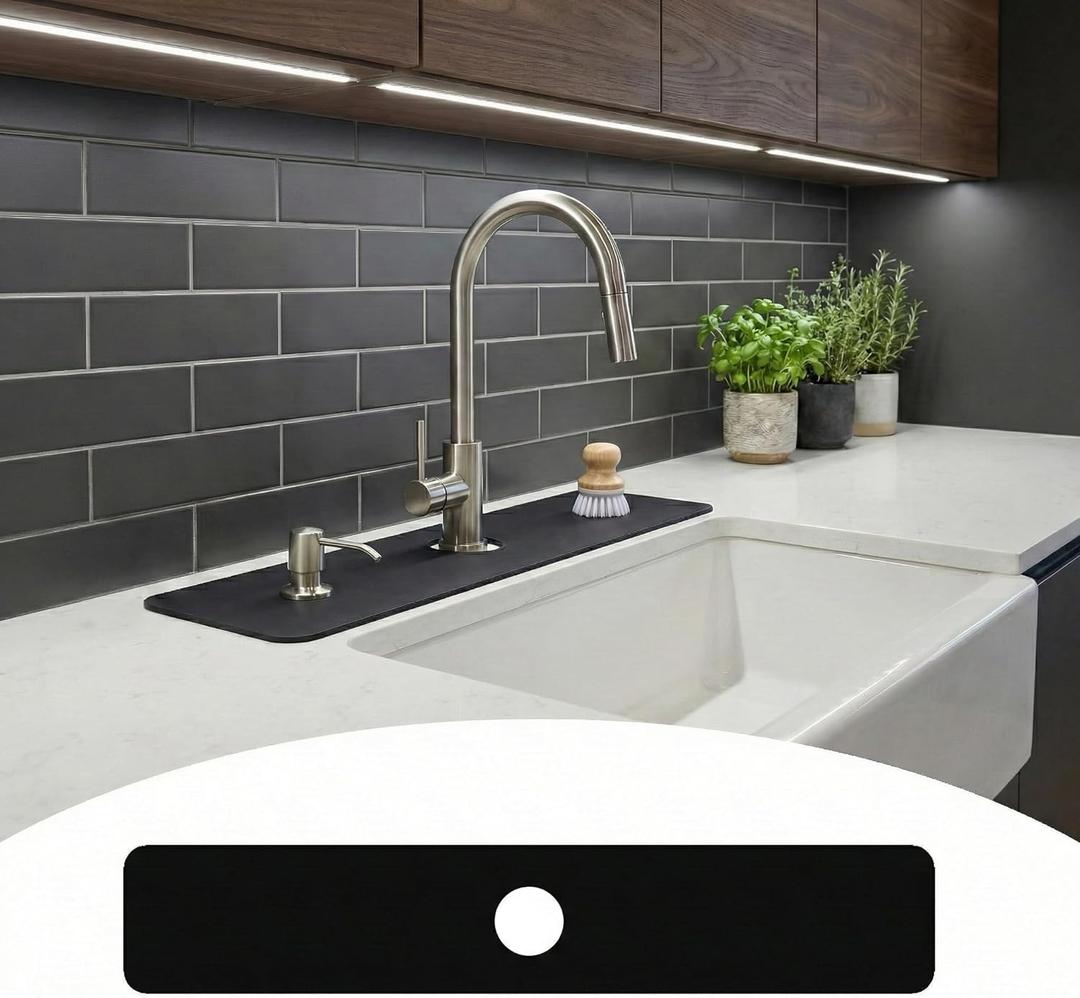 Customizable Kitchen Sink Faucet Mat: 30"Lx5.5"W Bathroom Counter Protector Drip Catcher - Splash Guard with Pre-Cut Center Hole, Trimming to Fit 2 & 3 Hole Faucet & Irregular Sink with Soap Dispenser