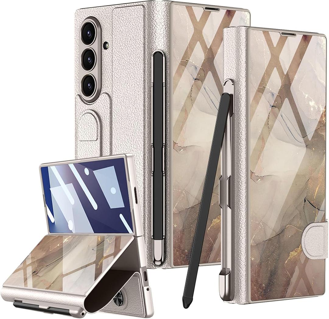 PUROOM for Samsung Galaxy Z Fold 7 Case with Pen & Pen Slot Colorful Plating Glass Hybrid Leather Full Screen Protector All-Inclusive Cover for Samsung Galaxy Z Fold 7 (Champagne Gold)