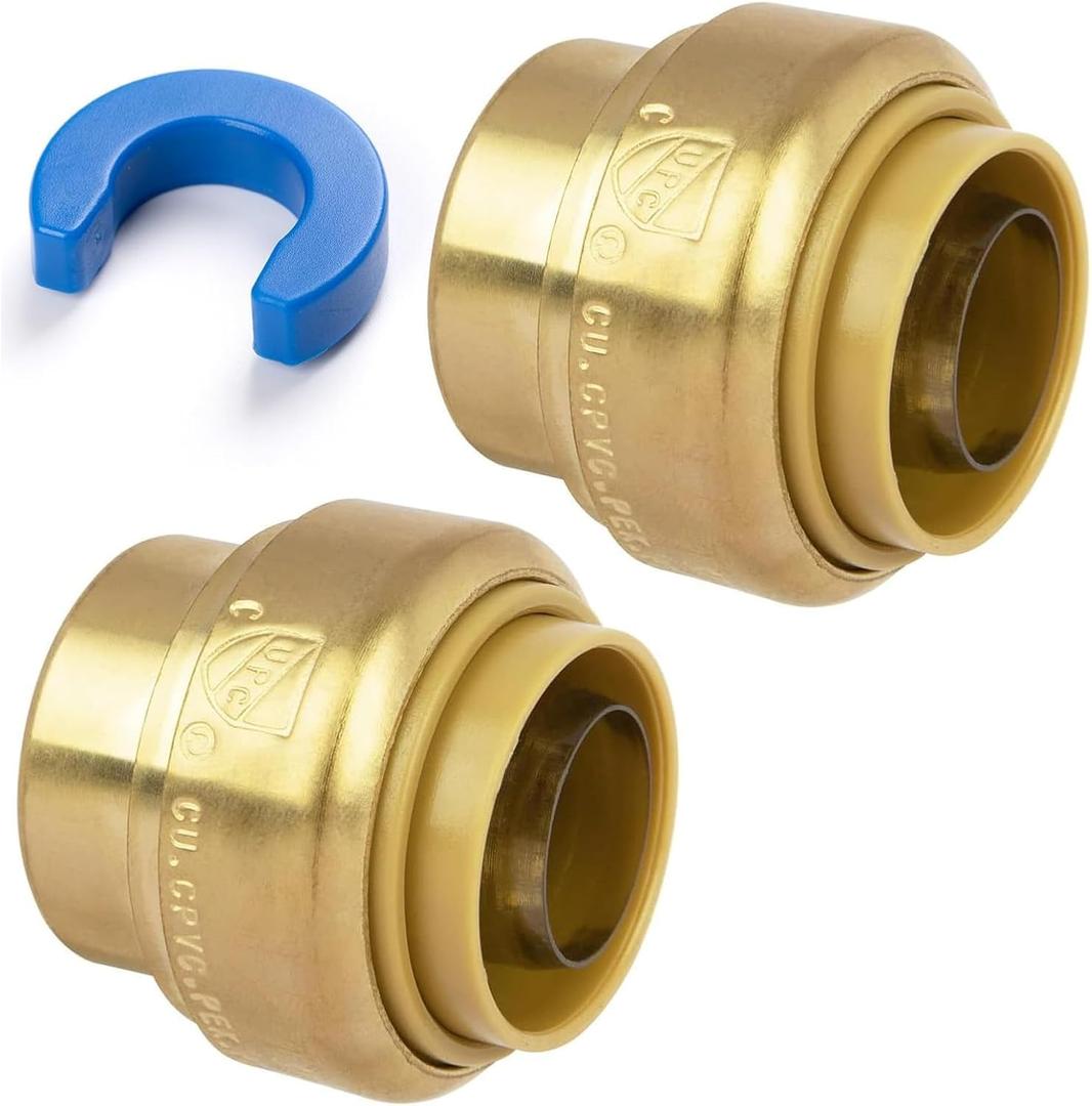 3/4" Push Fit End Cap, Push to Connect Brass Plumbing Fitting, Durable Push Cap With Upgraded Stiffener for Copper, CPVC, PEX Pipes, Disconnect Clip Included, NSF & UPC Certified, 2 Pack