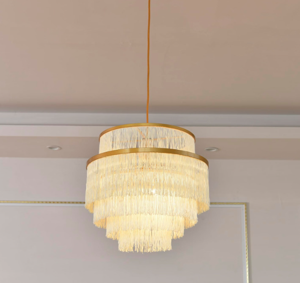 5 Tiers Boho Chandelier with Fringe,Gold 3-Light Fringe Pendant Light Fixture,Tassle Chandelier for Bedroom,Dining Room,Baby Nursery Lighting Beige