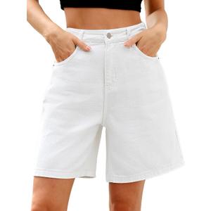 ELLEVEN Bermuda Jorts Baggy Jean Shorts - Casual Loose Fit Wide Leg Knee Length Denim Shorts with Elastic Waist (Large, White)