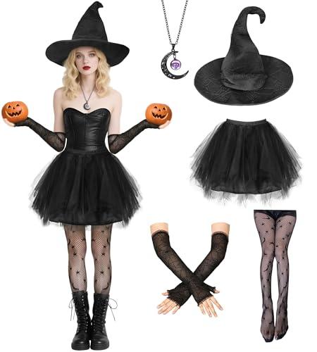 Halloween Witch Costume Women Set Black Tutu Skirt with Witch Hat Necklace Golves Stocks for Adult Halloween Cosplay Party, STD, S
