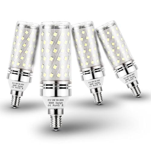 Heifymi E12 100W Led Candelabra Bulbs Replacement, 6000k Daylight Bright White, E12 12W Led Candle Light Bulbs T6 C7 1200lm, E12 Base Chandelier Pendant Ceiling Fan Bulbs, Non-Dimmable, 4Pack
