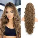 FLUFYMOOZ Ponytail Extension, 26 Inch Drawstring Ponytail Hair Extensions for Women Long Curly Wavy Ponytail Natural Synthetic Hairpiece for Women (26" Dark Ash Blonde with Highlights)