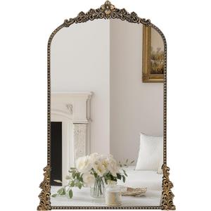 Vintage Arched Mirror, 24"x 42"Antique Baroque Mirror Style Metal Beaded Frame for Entryway Hallway Living Room,Vintage Black