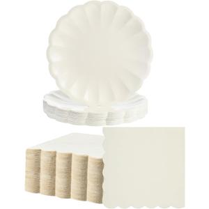 Newtay 100 Pcs Scalloped Paper Plates and Napkins Set Include 50 Pcs 9.5 Inch Large Scalloped Plates 50 Disposable Napkins 5 x 5 Inch for Birthday Dinner Wedding Picnic Party Supplies (Cream Color)