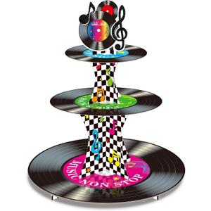 3 Tier 1950's Rock and Roll Music Party Decorations Record Cupcake Stand Vinyl Record Cupcake Holder Music Not Stop Dessert Tower for 50s Retro Theme Music Party Supplies