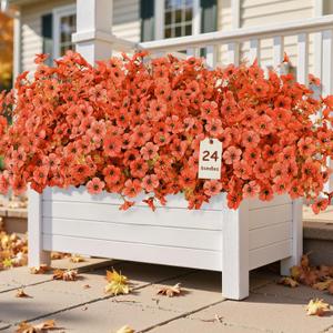 2 x Alupssuc 24 Bundles Artificial Fall Mums Flowers for Outdoors Decoration, UV Resistant Silk Violet and Faux Eucalyptus Autumn Fake Plants for Outside Indoor Yard Home Patio Porch Decor, Fall Red