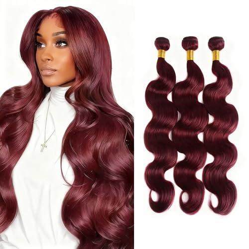 Burgundy Human Hair Bundles Wine Red Body Wave 3 Bundles Human Hair 18 20 22 Inch Double Weft 99J Bundle Brazilian Virgin Remy Hair Extensions 50 Grams Per Bundle Deals