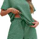 Tankaneo Womens Pajama Sets Striped 2 Piece Lounge Sets Short Sleeve Oversized T Shirts Drawstring Shorts Matching Set (Green)