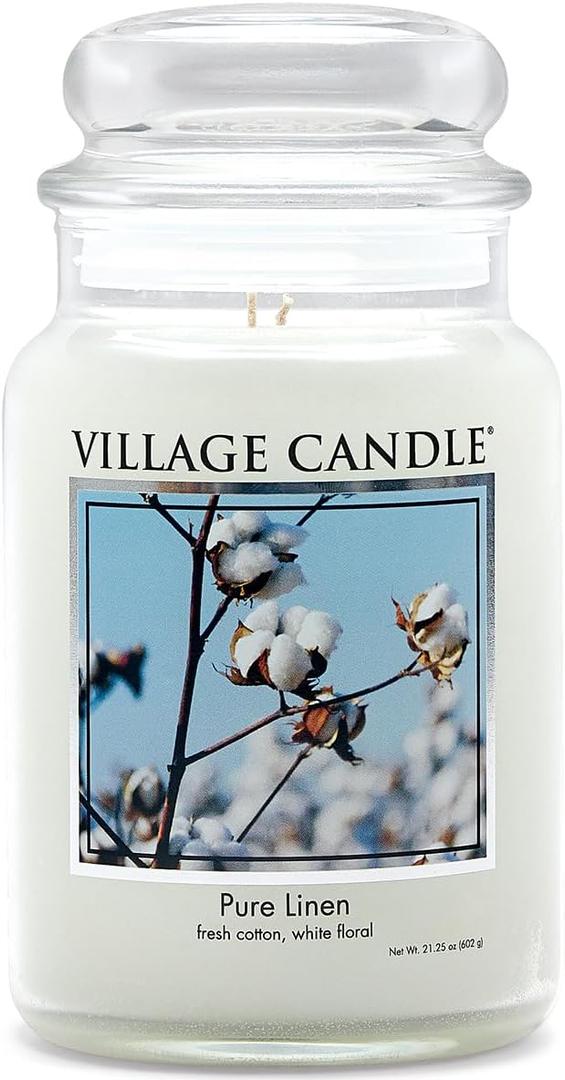 Village Candle Pure Linen Large Glass Apothecary Jar, Scented Candle, 21.25 oz., White