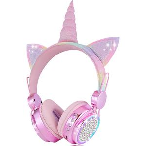 KORABA Kids Wireless Headphones for Girls Children Teens, LED Light Up Bluetooth Unicorn Headphones with Microphone for School/Xmas/Online Study/Unicorn Gifts (Pink Wireless)