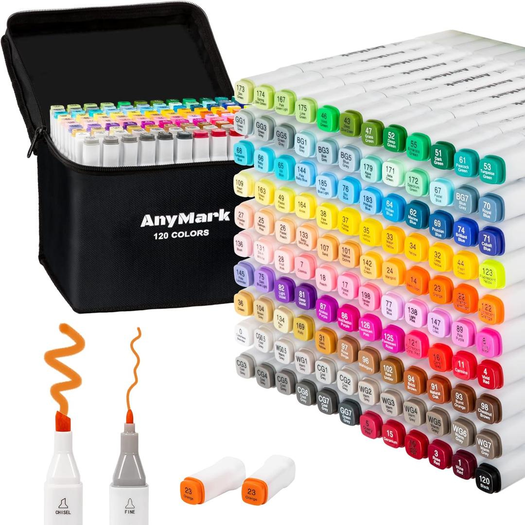 AnyMark Alcohol Markers, 120 Colors Dual Tip Art Coloring Markers Set for Adult Book Drawing Sketching Painting, Chisel & Fine, White Penholder