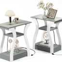 End Tables Living Room Set of 2, Grey End Table with Charging Station, Grey Side Table, Nightstand for Bedroom, 3 Tier End Table with Storage Shelf for Living Room