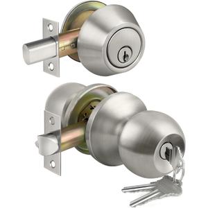 BESTTEN Keyed Same Exterior Door Knob and Single Cylinder Deadbolt Combo Set, Keyed Alike Entry Door Knobs with Lock and Keys for Entrance and Front Door, Satin Nickel