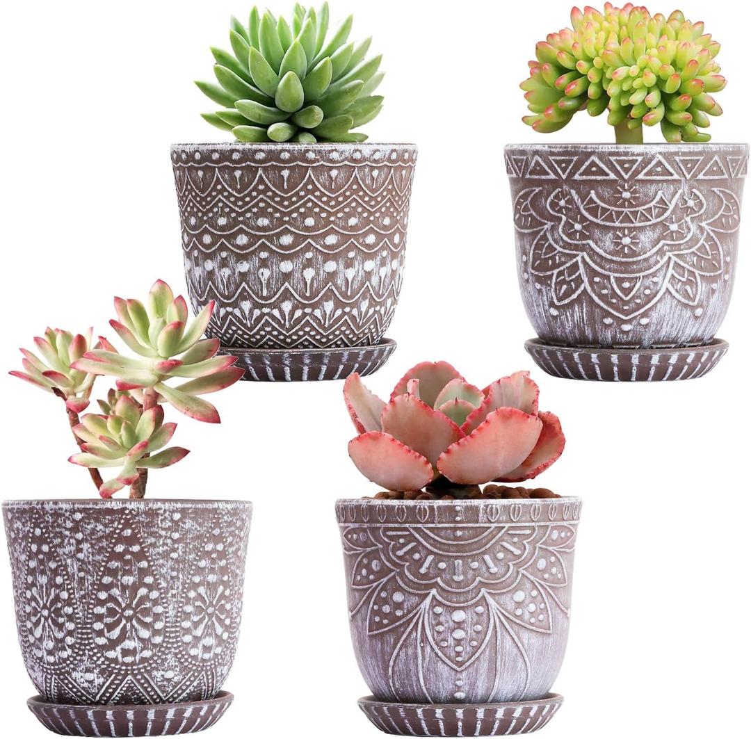 Gepege Succulent Pots, 4 Inch Small Indoor Ceramic Planter Pot with Drainage Holes and Saucers for Plants - Set of 4 (Clay+white)