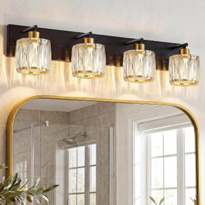 VOLISUN Crystal Vanity Lights for Bathrooms, 4 Light Bathroom Vanity Light, Black and Gold Bathroom Light Over Mirror, Modern Bathrooms Lights Fixtures-UL Certificated(Exclude Bulb)