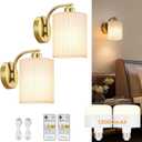 Battery Operated Wall Sconce Set of 2, Rechargeable Wall Sconce with 13000mAh Bulb Pleated Lampshade, Wireless Battery Powered Wall Sconces Set of 2 for Bedroom Living Room, Gold