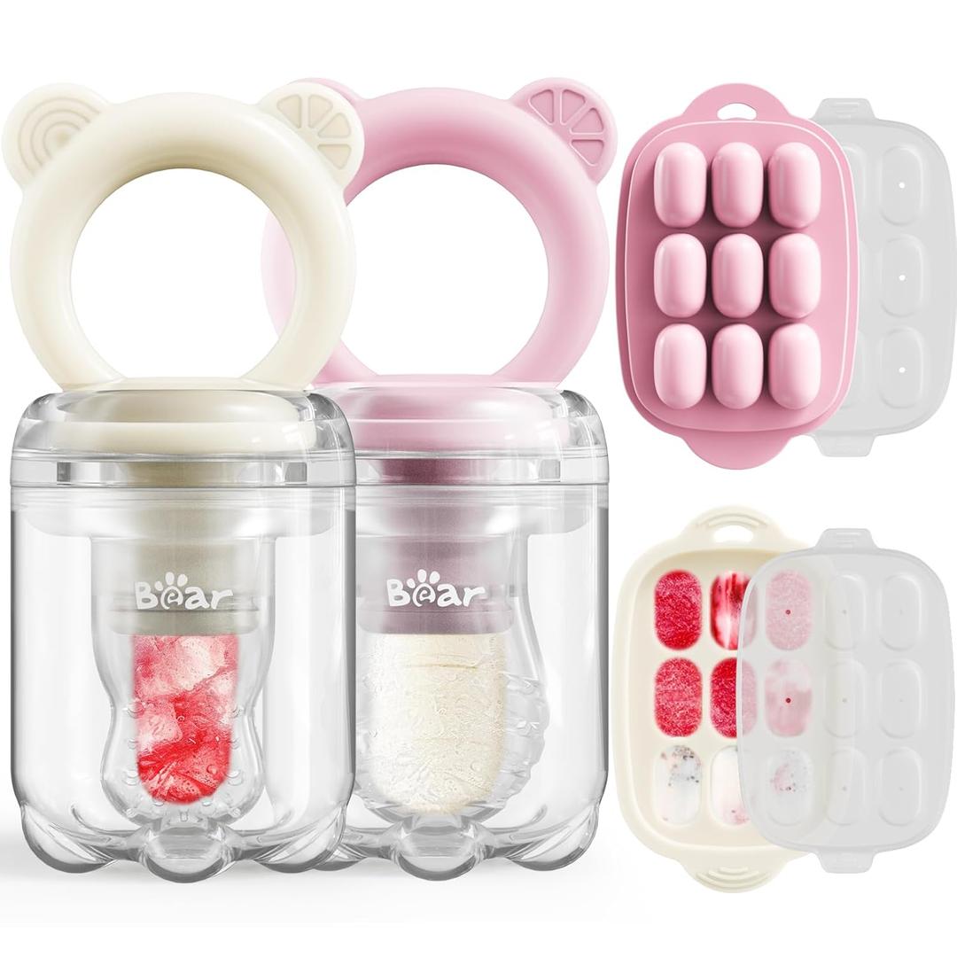 Bear Baby Fruit Food Feeder & Mini Freezer Nibble Tray Combo, 2 Pack Breastmilk Popsicle Molds for Baby Teething Relief, BPA Free Silicone Feeder for Safe Infant Self Feeding, Dishwasher Safe, Pink