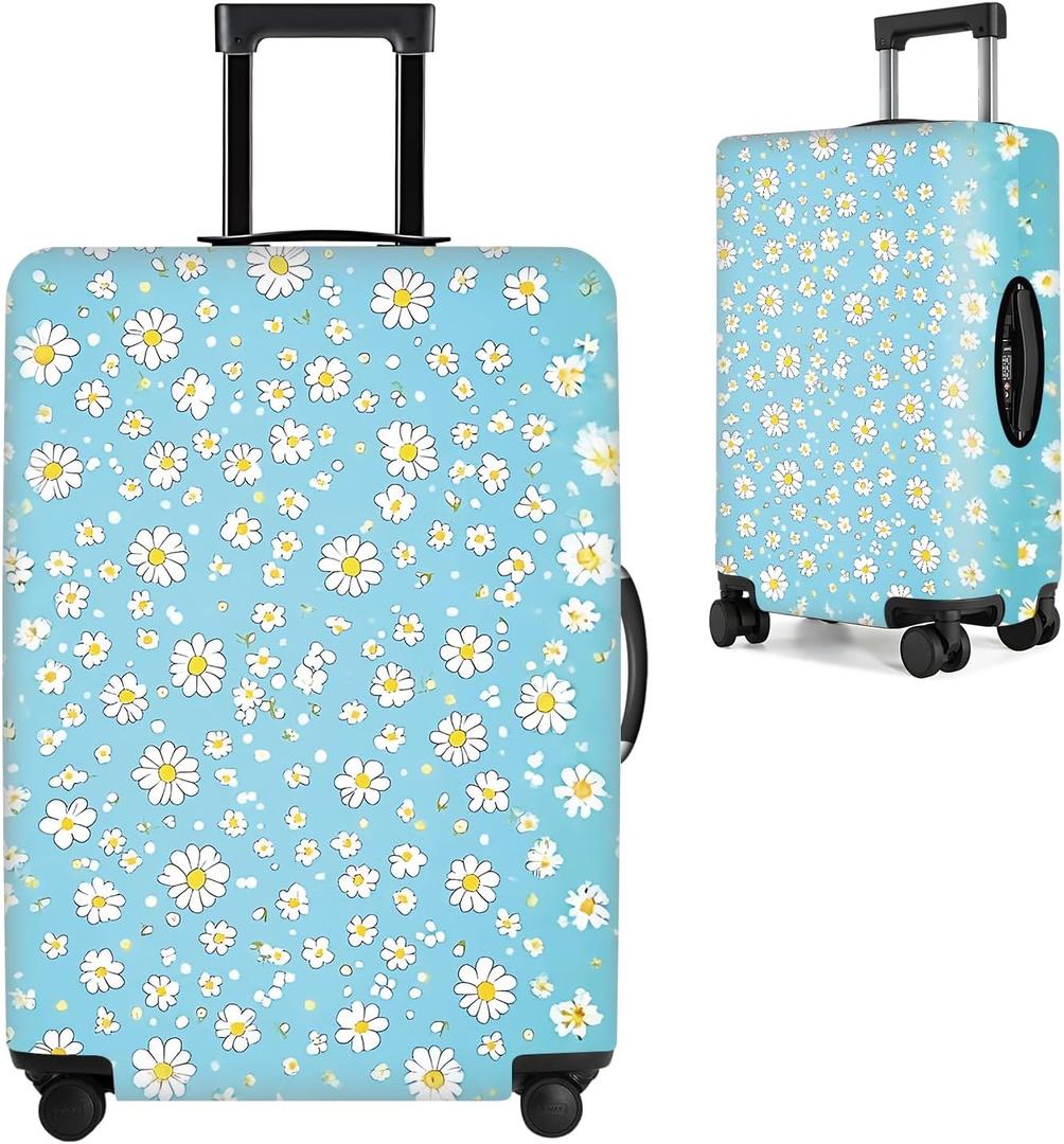 All Over Daisy Print Luggage Cover  Blue Suitcase Protector with White Floral Pattern, Washable Stretch Travel Case for 28-30 Inch Luggage,L