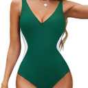 BMJL Women's One Piece Swimsuit Slimming Tummy Control Bathing Suit Deep V Neck Color Block Lace Up Back Swimwear (X-Large, Army Green)
