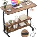 Height Adjustable Standing Desk with Power Outlets, 32" Manual Stand Up Desk with Storage Shelves Small Mobile Rolling Computer Desk Portable Laptop Table with Wheels for Home Office, Rustic