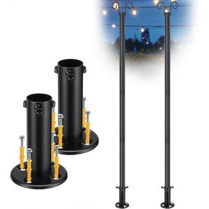 String Light Poles for Outside Deck 2 Pack 8FTHeavy Duty Metal Garden Outdoor Light Poles for Solar String Light Bulbs Hanging Kit for Yard Garden Fence Post Deck Party Wedding, Matte Black