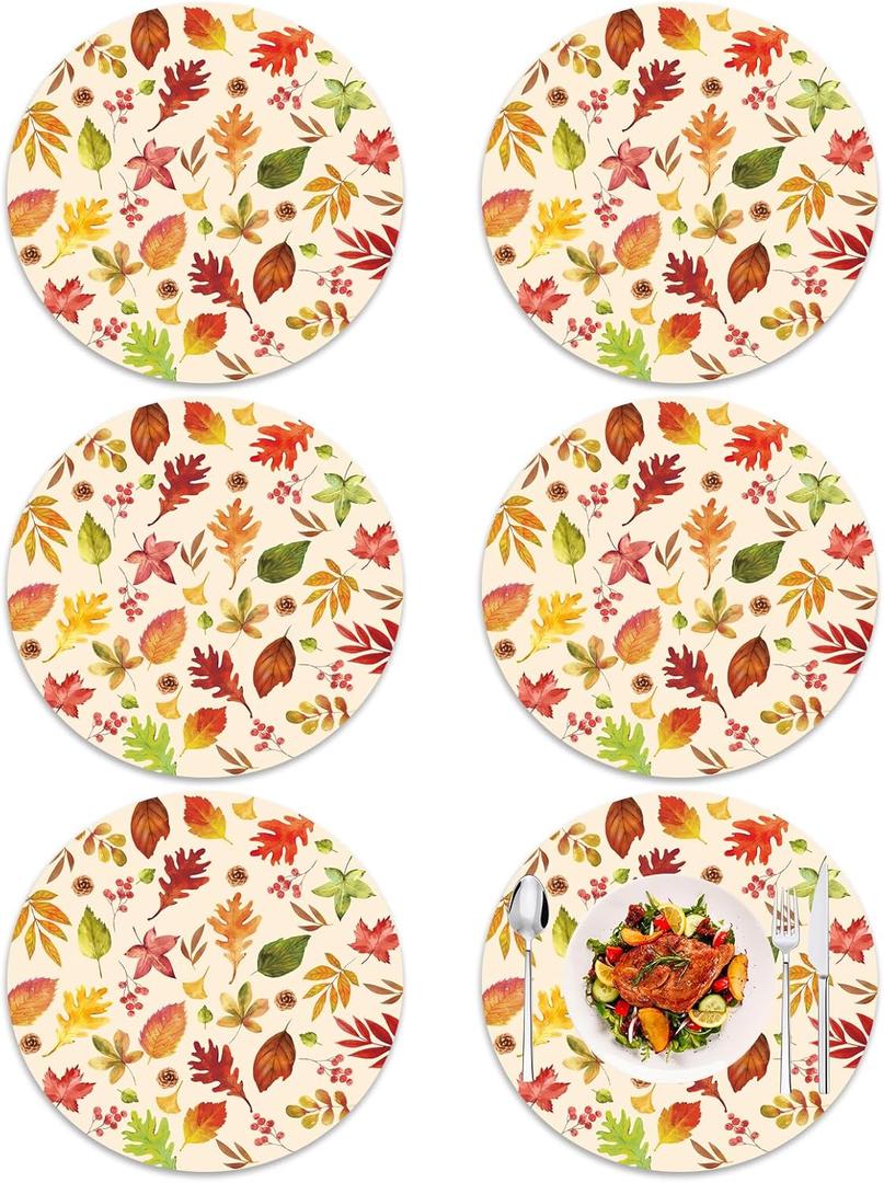 Tarklanda Fall Leaf Placemats Set of 6-13.4 Inch Round Vinyl Table Mats Thanksgiving Autumn Washable Plastic Place Mats for Kitchen Dining Party Indoor Outdoor Decor