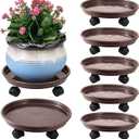 6 Packs Plant Caddy with Wheels 12" Plastic Rolling Stands Heavy-Duty Dolly with Casters Indoor Outdoor Coaster, Brown