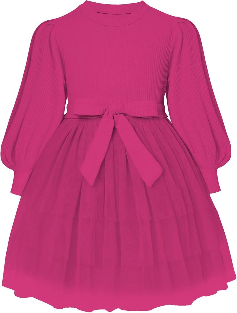 Toddler Girl Tulle Dress Puff Long Sleeves Tutu Dresses with Tie Belt for Princess Brithday Party 3T-4T