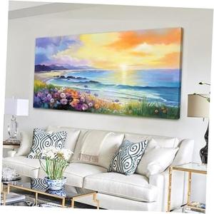 Ocean Sunset Wall Art Large Framed Canvas 40L" x 20W" Blue Seascape Painting