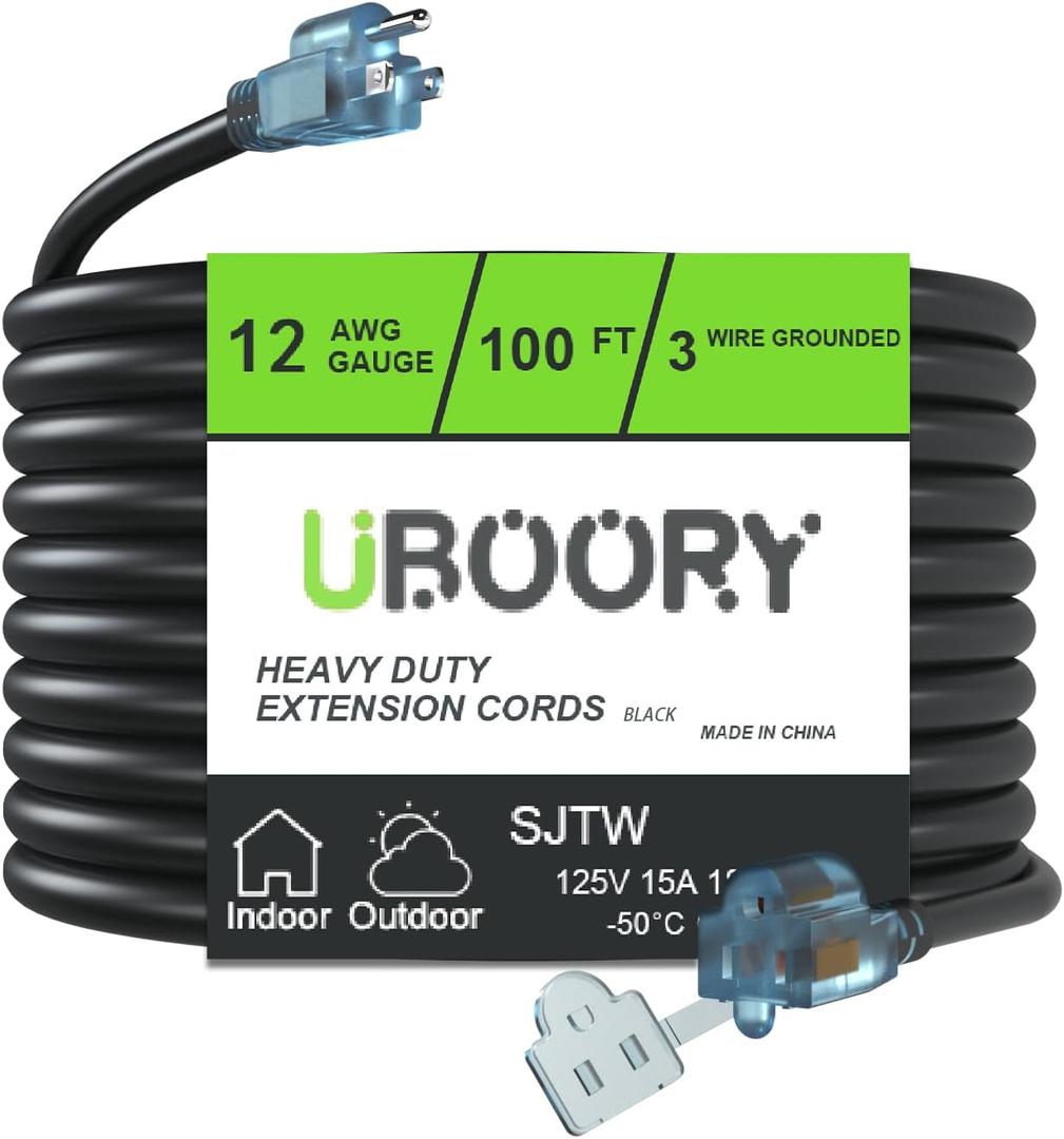 Outdoor Extension Cord Waterproof 100 FT, Black 12/3 SJTW Heavy Duty, Flexible 100% Copper 3 Prong Extension Cord for Lawn, Garage,UL Listed