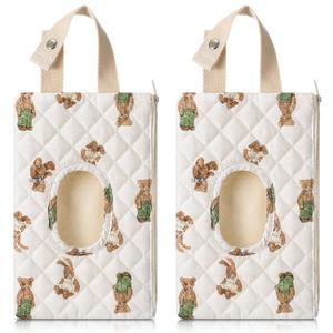2 Pcs Bear Quilted Diaper and Wipes Pouch Portable Hanging Bear Wet Wipe Bag with Handle Reusable Wipes Pouch for New Parents Stroller Car Shower Nursery Travel Infant Diapering Organizer