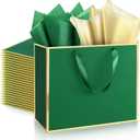 ReliThick 12 Pack Metallic Paper Gift Bag with Handles and Tissue Paper 11.8 x 10 x 4'' Thank You Favor Bag for Graduation Mother's Day Wedding Bridesmaid Groomsman 5 Senses Gifts (Green,Gold)