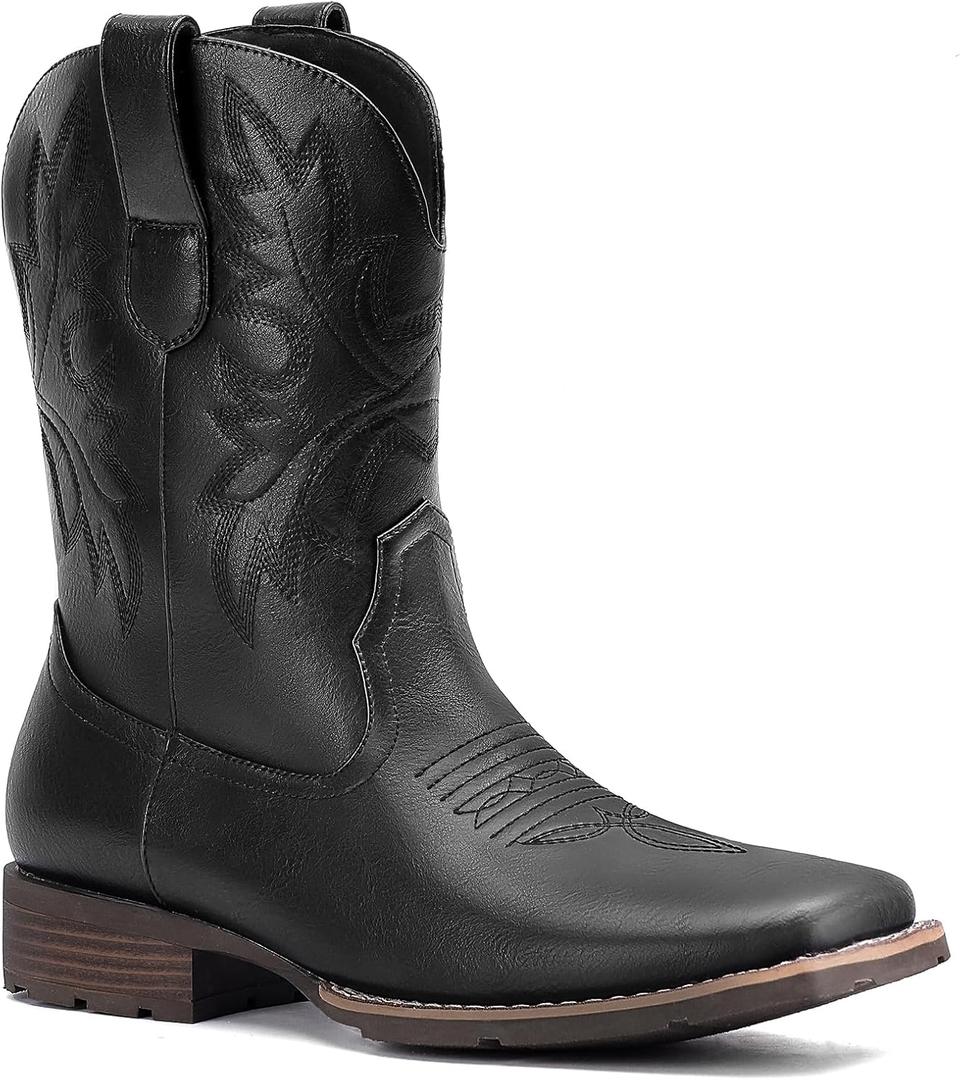 Lumeheel Cowboy Boots for Men - Western Men's Boots with Classic Embroidered, Slip on Square Toe Boots, Slip Resistant Country Boots Chunky Heel Ankle, Durable Short Boots for Spring Fall (11, Black)