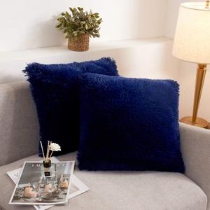 XeGe Faux Fur Throw Pillow Covers, Shaggy Fluffy Cushion Covers, Plush Furry Pillow Cases, Fuzzy Decorative Pillow Shams with Zipper Set of 2 for Sofa Bed Couch Living Room (18''x18'', Navy Blue)