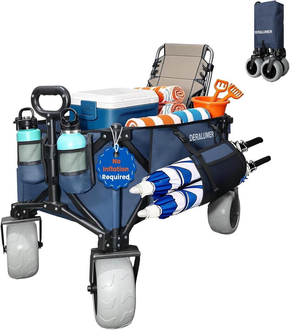 X900 Heavy Duty Beach Wagon with 9x4 Sand-Proof PU Wheels, 300L Oversized Foldable Wagon Cart with Side Bag, All-Terrain Utility Wagon for Beach Essentials, Sport, CampingNavy Blue