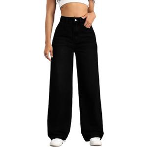 Straight Leg Jeans for Women High Waisted Wide Leg Denim Pants (Black, L)