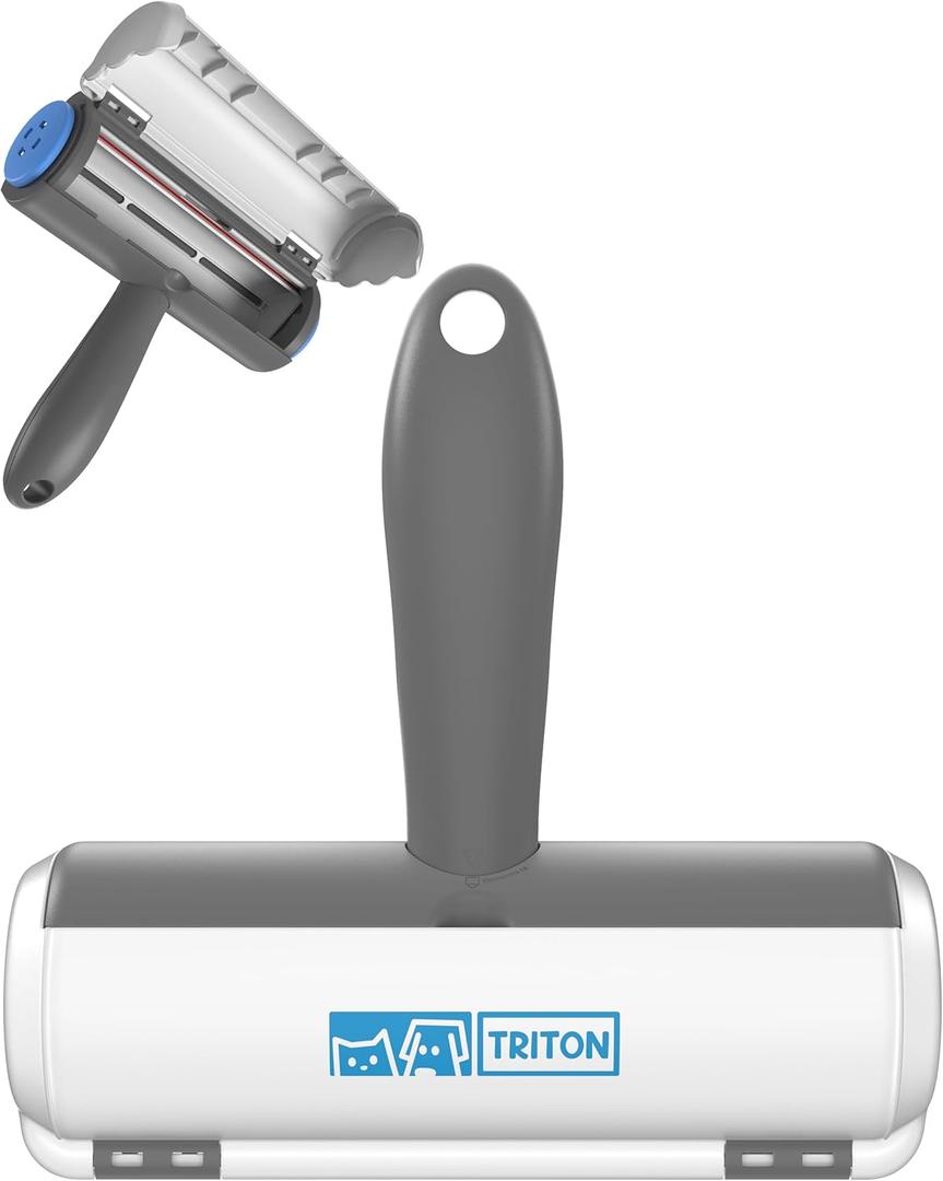 Triton Pet Hair Removal Tool w/Fur Trapping Compartment and Detachable Handle, 60% Smaller Storage Size, Reusable Shedding Roller, Cat and Dog Hair Remover for Car, Furniture, Carpet (Gray/White)