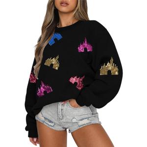 UNIQUEONE Oversized Bow Sweatshirt Womens Magic Kingdom Tee Shirt Colorful Pastel Bows Graphic Sweatshirts Holiday Pullover (Large, New Black)