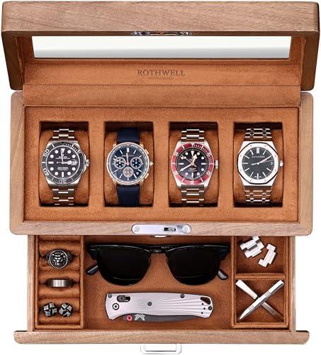 ROTHWELL 4-Slot Solid Walnut Watch Box with Valet Drawer - Premium Jewelry Display Case Organizer with Locking Glass Top and Microsuede Liner for Men & Women (Tan Interior)