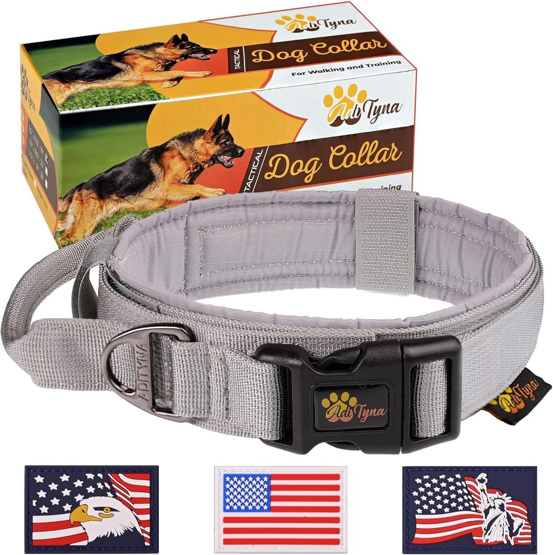 ADITYNA Tactical Dog Collar for Large Dogs - Soft Padded, Heavy Duty, Service, Adjustable Military K9 Collar with Handle for Training and Walking (Large: Fit 18.5-22" Neck, Gray)