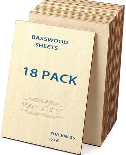 Unfinished Wood Pieces,18 Pcs Basswood Sheets 1/16,Thin Plywood Wood Sheets for Crafts,Perfect for DIY Projects, Painting, Drawing, Laser, Engraving, Burning and CNC Cutting(5x7Inchx1.5mm)