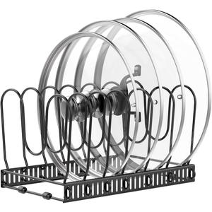 Pot and Pan Organizer Rack for Cabinet, Pot Lid Organizer with 7 Adjustable Dividers, Pan Holder Storage Rack for Kitchen Cabinet, Black