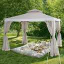 Sunjoy 10 x 10 ft. Soft Top Gazebo, Outdoor Patio Backyard Modern 2-Tier Steel Frame Gazebo with Mesh Netting - Beige & White