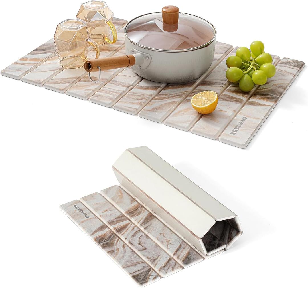 Large Stone Drying Mat for Kitchen Counter - 23.4" x 15.4" Quick Drying Foldable Dish Drying Mat - Super Absorbent Diatomaceous Earth Mat - Stone Dish Drying Mat for Cups Bottles (Sandstone)