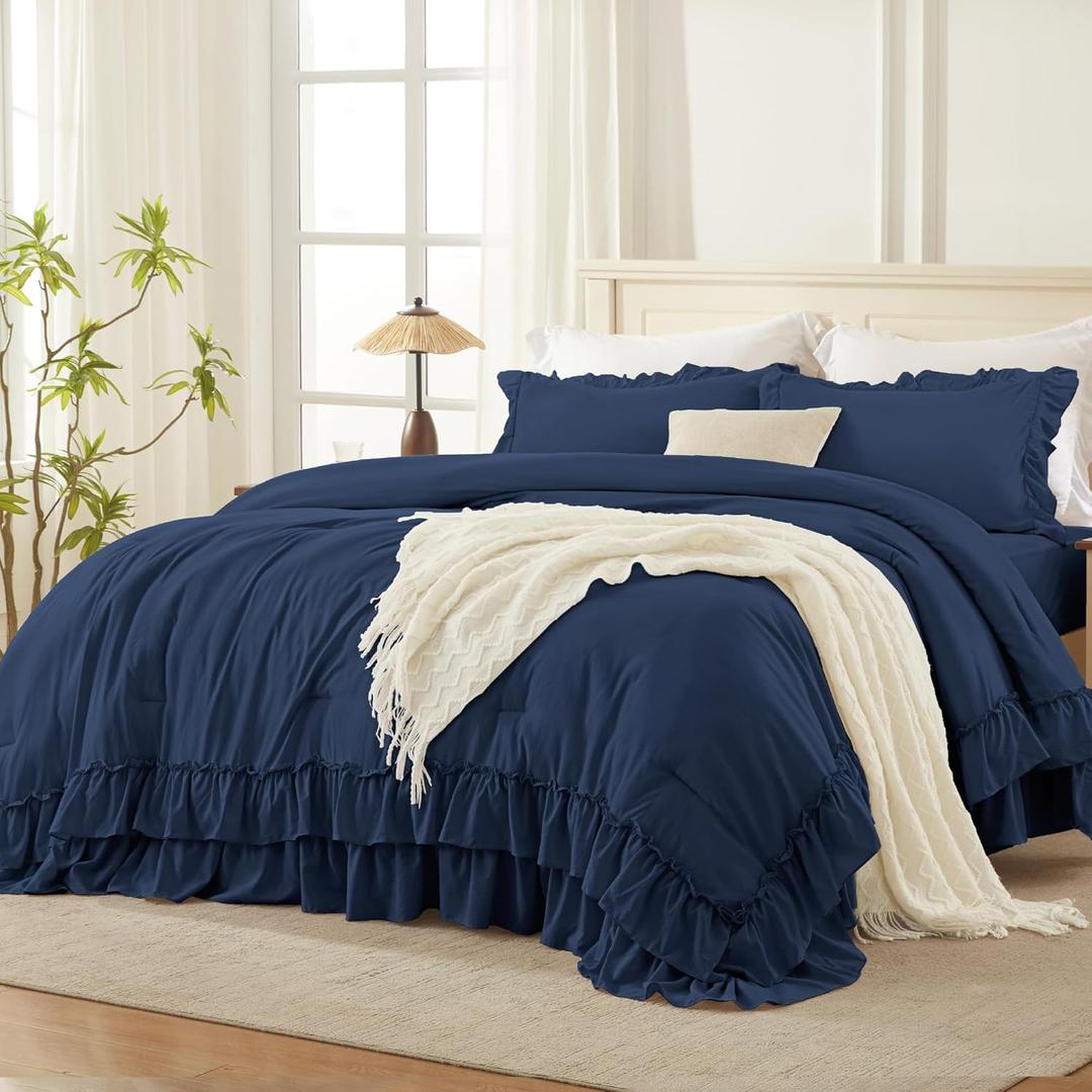 Andency Navy Blue Queen Comforter Set (90x90Inch), 3 Pieces Lightweight Fluffy Ruffle Bedding Comforter Sets for Queen Bed, Farmhouse Shabby Chic Soft Polyester All Season Bed Set