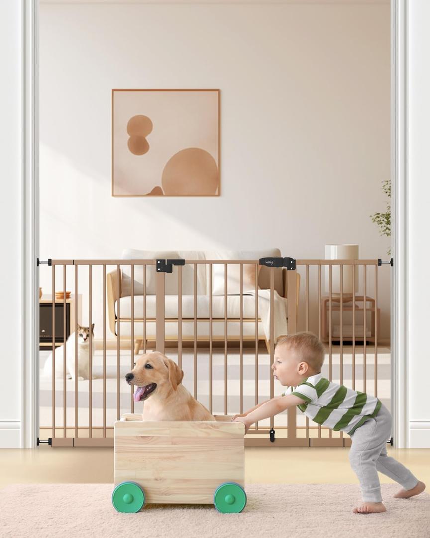 Keny 29"-55" Extra Wide Baby Gate, Pressure Mounted No Drilling Dog Gate for Stairs Doorways, Easy Walk Through Safety Gate for Babies or Pets, 30" Tall, Brown